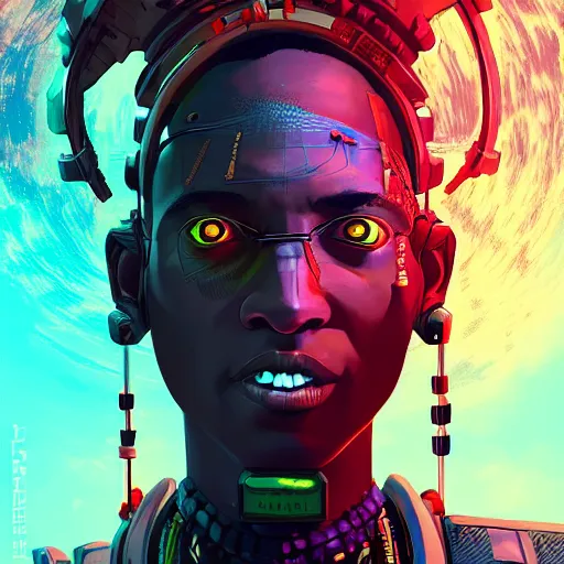 Prompt: a cyberpunk african necromancer, Apex Legends character digital illustration portrait design, by android jones, detailed, cinematic lighting, wide angle action dynamic portrait