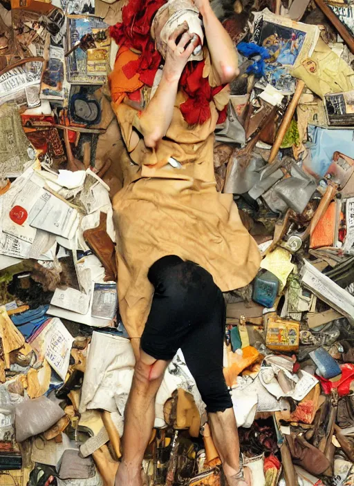 Prompt: realistic detailed image of a women in paper bag over the head and a sword in piles of trash in the style of Francis Bacon, Surreal, Norman Rockwell and James Jean, Greg Hildebrandt, and Mark Brooks, triadic color scheme, By Greg Rutkowski, in the style of Francis Bacon and Syd Mead and Edward Hopper and Norman Rockwell and Beksinski, dark surrealism, open ceiling, highly detailed, painted by Francis Bacon, painted by James Gilleard, surrealism, by Nicola Samori, airbrush, Ilya Kuvshinov, WLOP, Stanley Artgerm, very coherent, art by Takato Yamamoto and James Jean