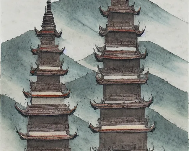 Prompt: twin buddhist pagodas made of stone, in landscape, traditional chinese watercolor,