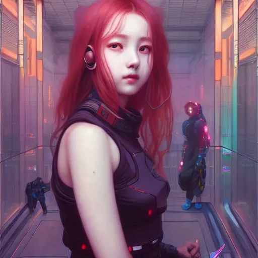 Image similar to portrait painting of cyberpunk chuu loona kpop smiling cheerfully, ultra realistic, concept art, intricate details, eerie, highly detailed, photorealistic, octane render, 8 k, unreal engine. art by artgerm and greg rutkowski and magali villeneuve and alphonse mucha