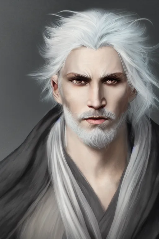 Image similar to white haired robe fu xi full male front body portrait, very long white beard and hair, long hair shawl, fine kindness delicate prefect face features gaze, piercing eye, elegant, style of tom bagshaw, cedric peyravernay, peter mohrbacher, victo nga, 4 k hd illustrative wallpaper, animation style, chinese style