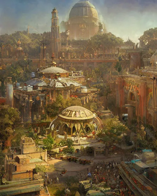 Image similar to craig mullins and ghibli digital illustration of world's columbian exposition, strong contrast, unreal engine, hyper realism, realistic shading, cinematic composition, realistic render, octane render, detailed textures, photorealistic, wide shot