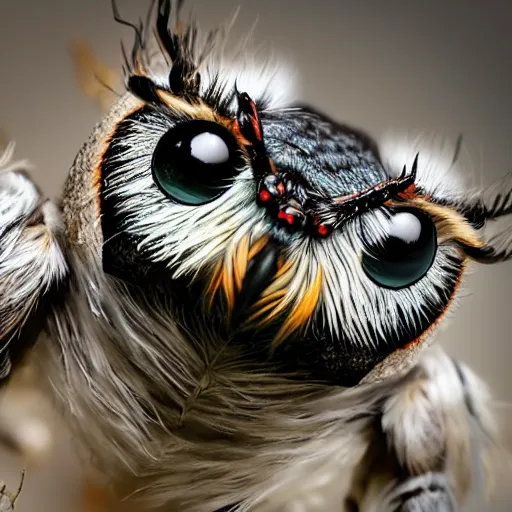 Image similar to jumping spider mixed with owl with 4 eyes and 8 legs,owl feathers, cute creature, hybrid, anamorphic lens, bokeh, kodak color film stock, macro shot