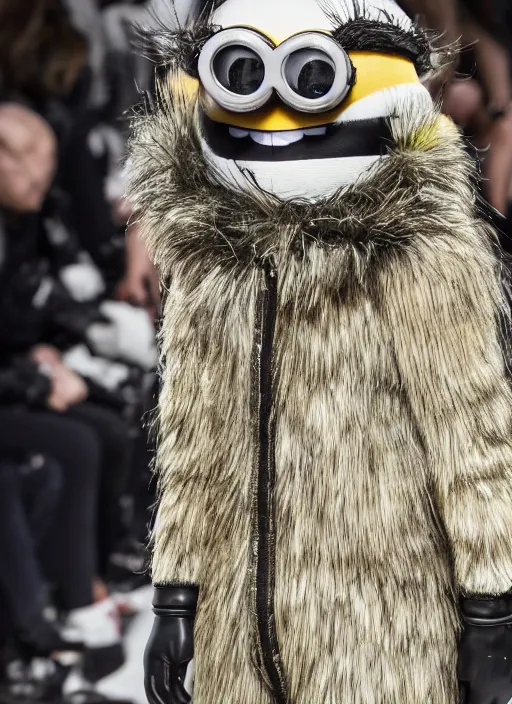 Image similar to hyperrealistic and heavy detailed moncler runway show of minions, leica sl 2 5 0 mm, vivid color, high quality, high textured, real life