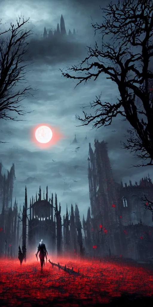 Image similar to abandoned bloodborne old valley with a obscure person at the centre and a ruined gothic city in the background, trees and stars in the background, falling red petals, epic red - orange moonlight, perfect lightning, wallpaper illustration by niko delort and kentaro miura, 4 k, ultra realistic