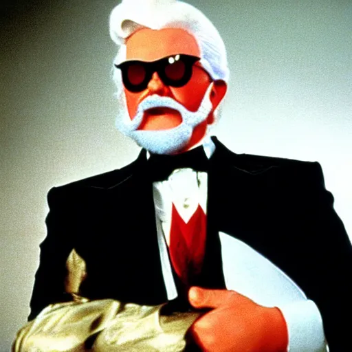 Prompt: A still of Colonel Sanders as an evil supervillain in a 1980s movie