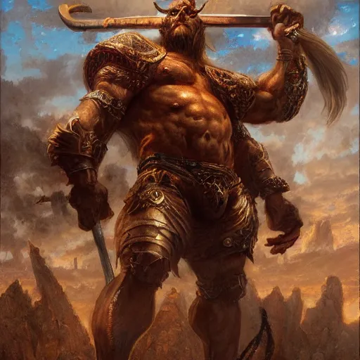 Image similar to huge smug minotaur wielding a greataxe, realistic art by donato giancola and greg rutkowski, digital art, trending on artstation