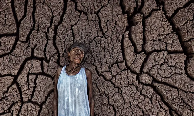 Image similar to medium shot of a nondescript crying ancient dried up Danu, peaceful, facing the camera and standing in front of a dried up river in a desolate land, dead trees, blue sky, hot and sunny, highly-detailed, elegant, dramatic lighting, artstation, 4k, cinematic landscape, photograph by Elisabeth Gadd