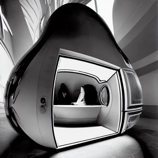 Prompt: futuristic pod dwelling by zaha hadid and syd mead, contemporary architecture, photo journalism, photography, cinematic, national geographic photoshoot
