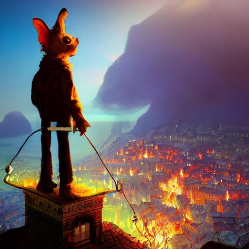 Image similar to gizmo standing on a cliff overlooking a small, quaint, and foggy town being overrun by gremlins, burning church in the center of town, fantasy, dramatic, dramatic lighting, highly detailed, extremely professional digital painting, law of thirds, artstation, concept art, smooth, sharp focus, illustration, by alena aenami and bernardo bellotto, octane render