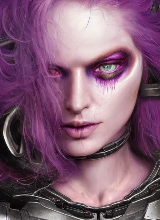 Image similar to a hyper detailed face portrait, extreme close up of a pale woman with purple hair in sci - fi cybernetic armor, sylvanas windrunner, sideshow figurines, by tom bagshaw, artgerm, dorian cleavenger, greg rutkowski, wlop, astri lohne, zdzisław beksinski trending on artstation