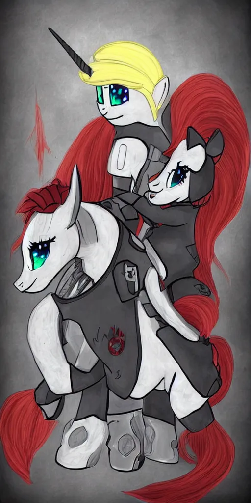 Image similar to Fallout Equestria Project Horizons | Blackjack Character Fanart | White MLP Unicorn Mare with red and black shaggy hair, and bright, robotic eyes. | Cutie Mark is: Ace and Queen of Spades | Trending on ArtStation, Digital Art, MLP Fanart, Fallout Fanart | Blackjack sitting and looking depressed at the viewer