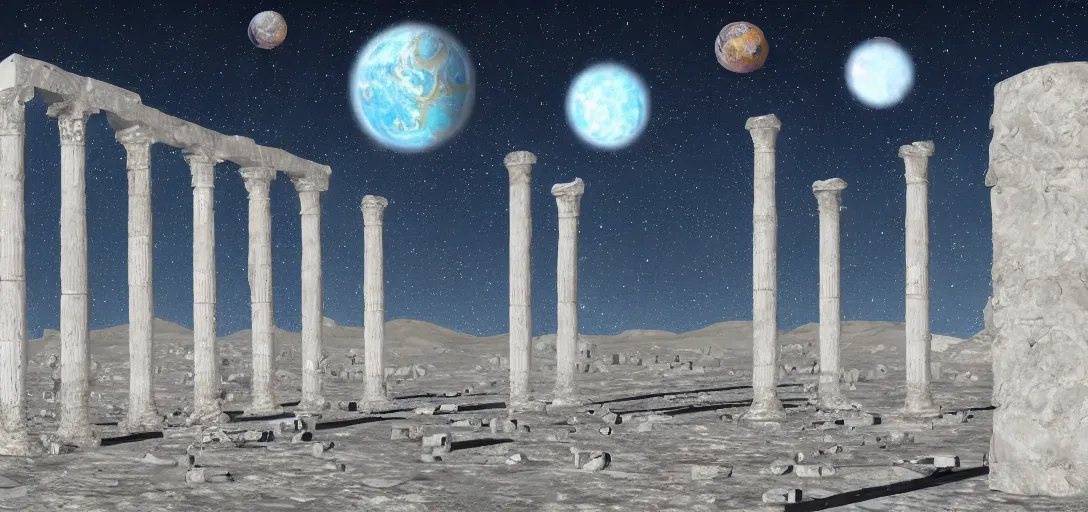 Image similar to The ruins of the Silver Millennium on the moon from Sailor Moon, digital painting, Earth in the distance, Greek-esque columns and ruins