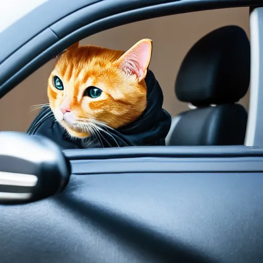 Image similar to an orange tabby cat driving a car like a human