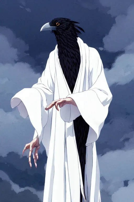 Image similar to raven headed warlock doing magic spells wind, white robes, finely detailed perfect face, exquisite details, mid view, design on a white background, by studio muti, greg rutkowski makoto shinkai takashi takeuchi studio ghibli