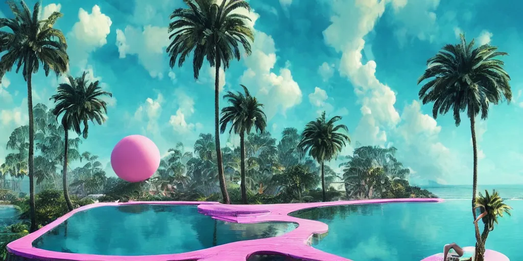 Image similar to artgem and Beeple masterpiece, hyperrealistic surrealism, award winning masterpiece with incredible details, epic stunning, infinity pool, a surreal vaporwave liminal space, highly detailed, trending on ArtStation, calming, meditative, pink arches, palm trees, very vaporwave, very very surreal, sharp details, dreamscape, giant head statue ruins