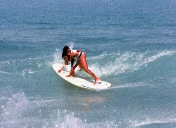 Image similar to color photo. surfer girl riding a big wave in the 8 0's. shark in the water