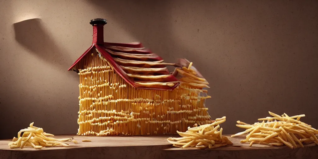 Image similar to house made of french fries, artstation trending, winner, 1 st place, octane render, 8 k, dramatic lighting, tasty, food photography, food decoration, highend, illustration!!!!, fine details,