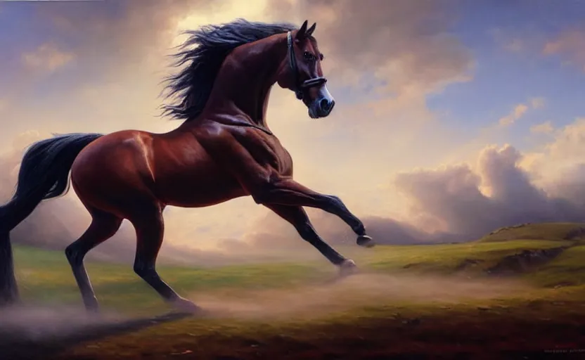 Image similar to a masterpiece oil painting of a proud horse galloping alone. wide angle, fantasy art, alex ross, heroic lighting, very very very beautiful raytraced rendering