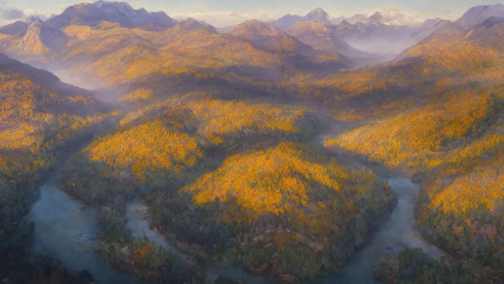 Prompt: The most beautiful panoramic landscape, oil painting, where the mountains are towering over the valley below their peaks shrouded in mist. The sun is just peeking over the horizon and the sky is ablaze with colors. The river is winding its way through the valley and the trees are starting to turn yellow and red, by Greg Rutkowski, aerial view