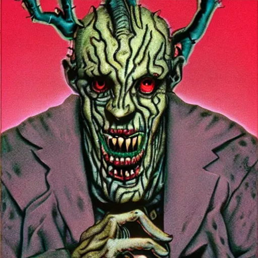 Prompt: 1 9 8 7 full - color photo in the style of clive barker featuring a cenobite welcoming you to the hellish underworld. high - quality promotional photography from an issue of a horror - cinema magazine ; terrifying.