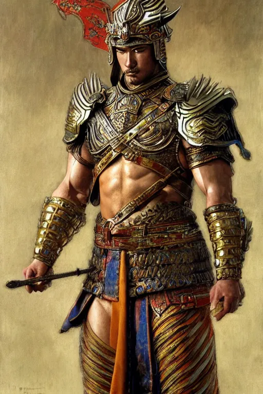 Image similar to attractive muscular male with armor, ming dynasty, character design, colorful paint, complex pattern, sweat, painting by gaston bussiere, craig mullins, j. c. leyendecker, tom of finland