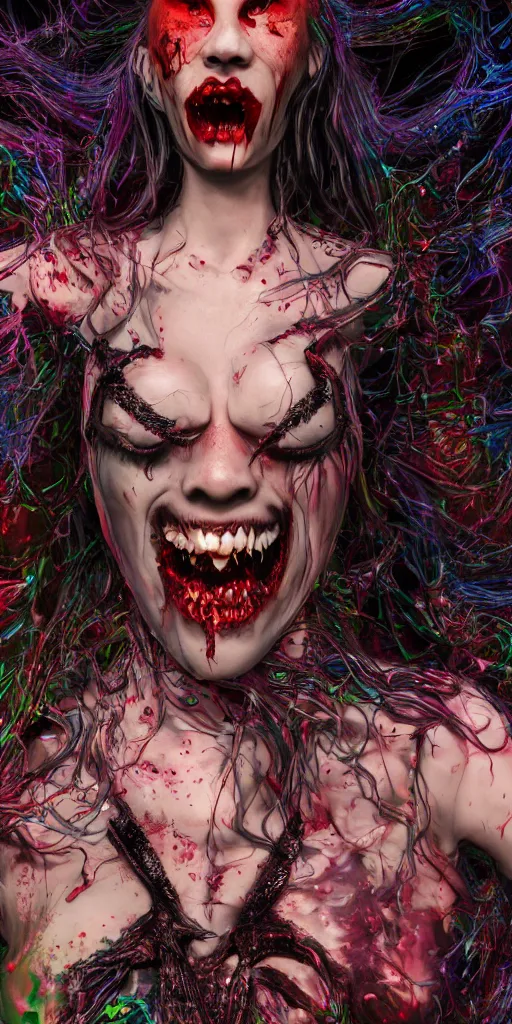 Image similar to impossibly beautiful vampire with large vampire fangs, full body, leather, intricate complexity, surreal horror, psychedelic glitch art, rainbow drip paint, trending on art station, photoreal, 8 k, octane render