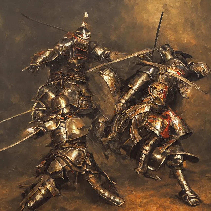 Image similar to a oil painting of an Knight/samurai in a battle ready pose detailed realistic High Resolution HD 8k in color