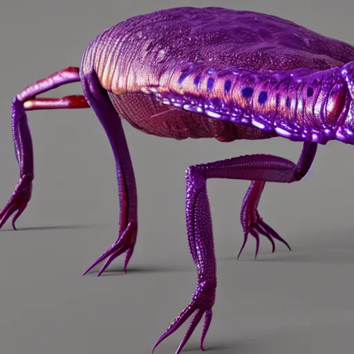 Prompt: zoomed out full body detailed photo realistic 3d render of purple alien reptile creature crustacean character concept with many legs 4k