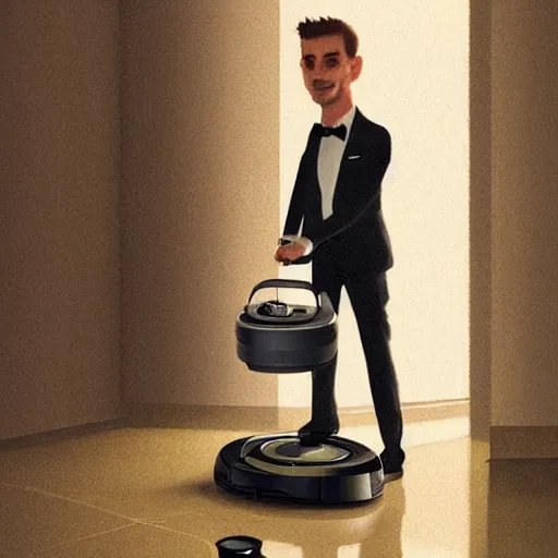 Prompt: A humble roomba butler carrying a cup and attempts to serve food to guests at a fancy houseparty, 4k, trending on Artstation, art by Greg Rutkowski