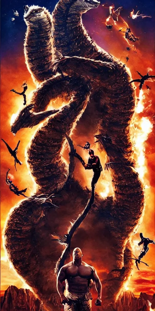 Image similar to movie poster of dwayne johnson with a baseball bat fighting king ghidorah outside a space station