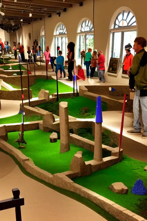 Prompt: mini - putt course inside a museum with statues and windmills