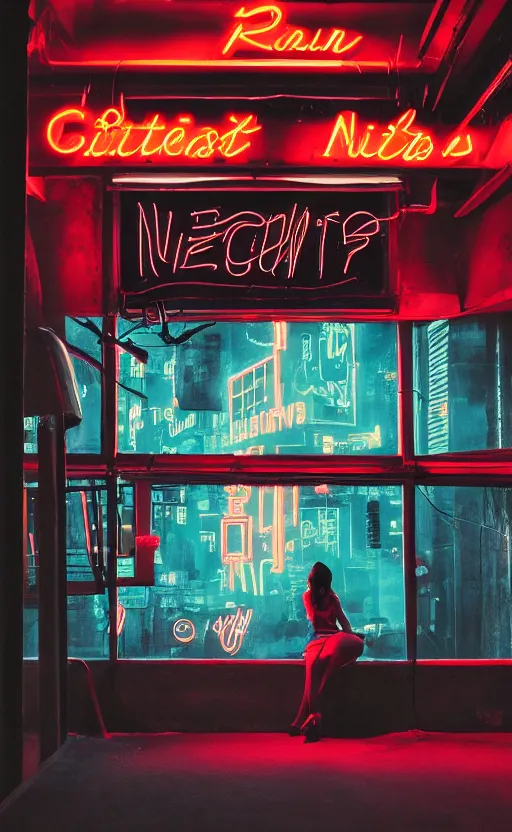 Image similar to vertical movie frame portrait of girl in 5 0's retro restaurant interior, neon - decorated urban on night in the city seen through the window, modern interior design, architectural design, vintage, night blade runner, dark, postapocalyptic, clean lines, 4 k, octane, asian futuristic city at distance, big windows, octane, wide angle