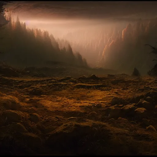 Image similar to huge valley, creepy valley, extreme drama, distant glow, hdr, movie still, fully photorealistic, artstation, beautiful concept art, sharp luminescent focus, nd 6, sony fx 6, glowing luminescent invocations