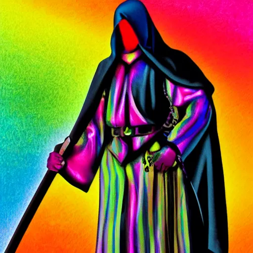 Prompt: the grim reaper wearing joseph's fantastic technicolor dreamcoat