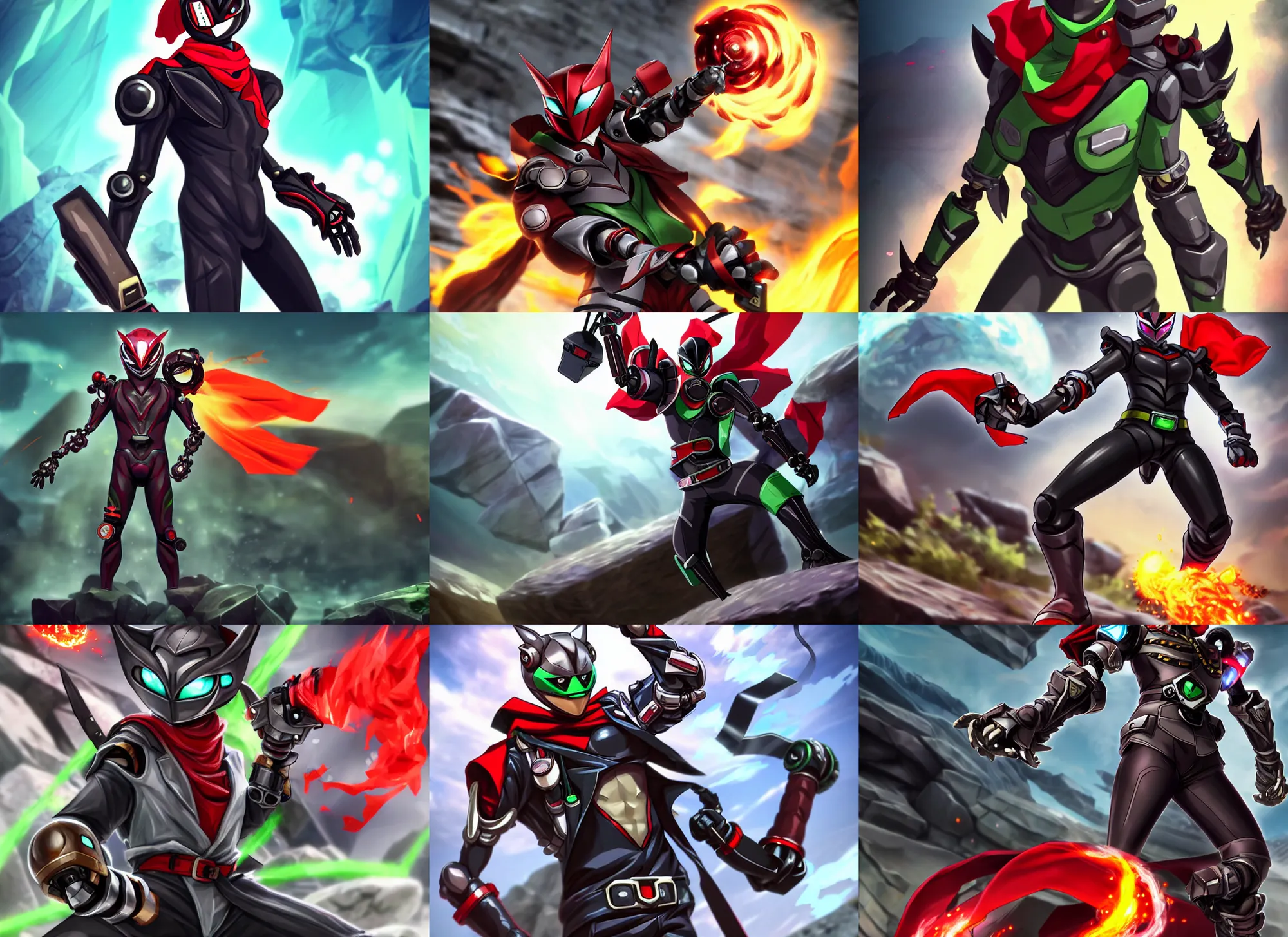 Prompt: Kamen Rider!!!!!!!!!!!! with a red scarf billowing behind him standing in a rock quarry, full body single character, League of Legends Character Splash Art!!!!, rubber suit, biomechanical elements, Arcane style!!!!!, action scene, fight scene, good value control, high quality, 4k, ultra realistic, highly detailed, illustration, promotional image, matte painting, rule of thirds, centered, cinematography, moonlit night,