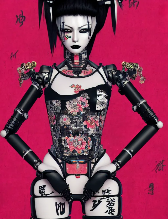 Image similar to full body portrait of a gothic style punk geisha robot with kanji tattoos and decals wearing a digital pixelated kimono, intricate design, photo - realistic, octane render, ultra fine detailed, character design, trending on artstation