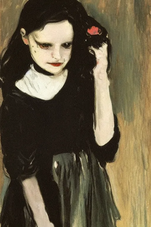 Prompt: portrait of a crying wednesday addams by walter sickert, john singer sargent, and william open