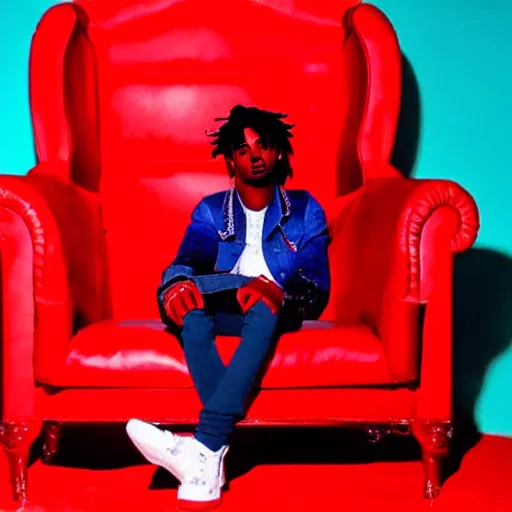 Prompt: playboi carti sitting in a chair in a completely red room