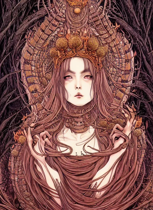 Image similar to behold the worm queen, digital illustration in a mixed style of serhiy krykun and ken taylor and takato yamamoto, inspired by gothic paintings and shoujo manga, surrounded by a torchlit cavern landscape, hyper detailed, stunning inking lines, flat colors, 4 k, hd, award winning, photorealistic