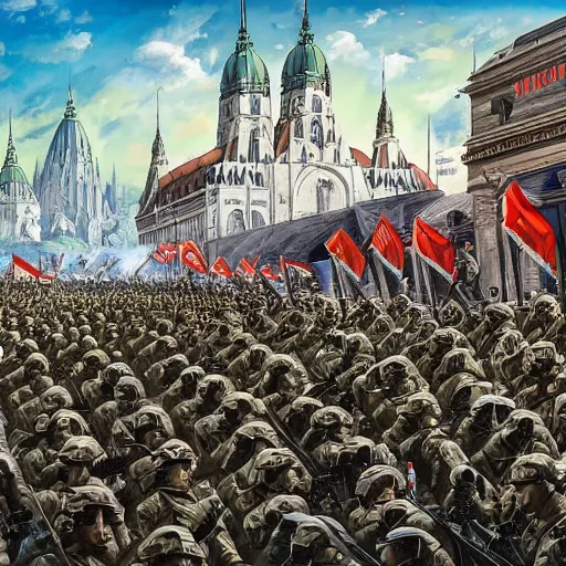 Image similar to army of the european union fighting on the streets of budapest 2 0 2 2, highly detailed illustration for time magazine cover art