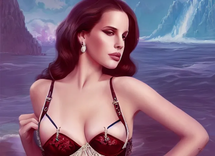 Prompt: lana del rey as a heroine with lingerie inspired by the titanic, holding her chest, very large bosum, digital painting, artstation, concept art, smooth, sharp focus, illustration, in - frame, centered, art by artgerm and donato giancola and joseph christian leyendecker, ross tran, wlop