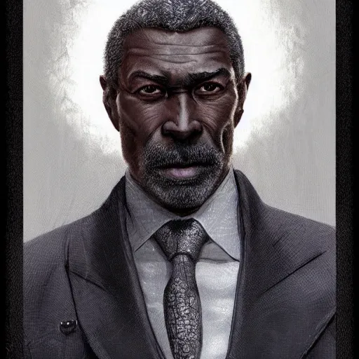 Prompt: portrait of a handsome, dark skinned, grizzled man in his 5 0 s with salt and pepper hair and sharp cheekbones, dressed in expensive clothing, detailed face, smooth, sharp focus, graphic novel, art by artgerm and greg rutkowski and pepe larraz,