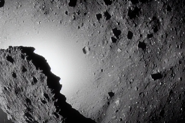 Prompt: a photo of a cliff on the surface of an asteroid, careening through the cosmos, black and white, spielberg, 3 5 mm film, cinematic 4 k