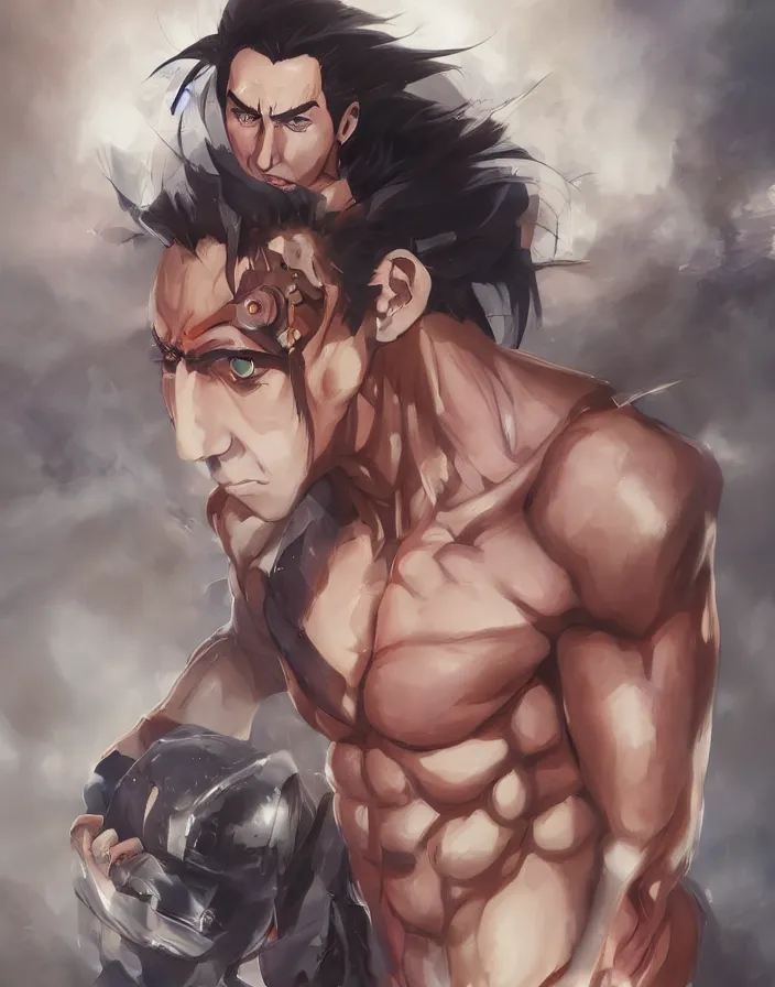 Image similar to anime portrait of nicolas cage as a muscular anime boy by Stanley Artgerm Lau, WLOP, Rossdraws, James Jean, Andrei Riabovitchev, Marc Simonetti, and Sakimichan, trending on artstation
