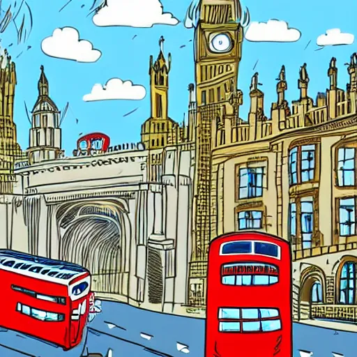 Image similar to a middle aged man explores london, cartoon