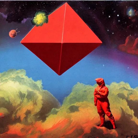 Prompt: two scientists wearing red hazmat suits floating into a giant rainbow colored polyhedron hovering above a nebula sky by frank frazetta