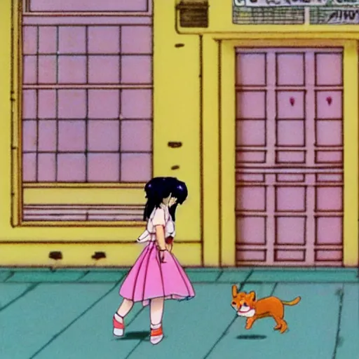 Image similar to beautiful woman chasing her little dog, sprite, vaporwave nostalgia, directed by beat takeshi, visual novel cg, 8 0 s anime vibe, kimagure orange road, maison ikkoku, sketch by akira toriyama