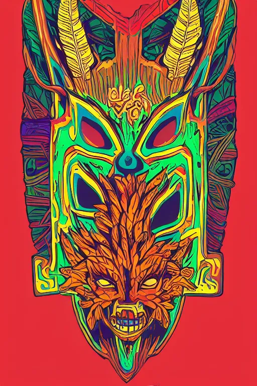 Image similar to animal mask totem roots flower tribal feather gemstone plant wood rock shaman vodoo video game vector cutout illustration vivid multicolor borderlands comics by josan gonzales and dan mumford radiating a glowing aura