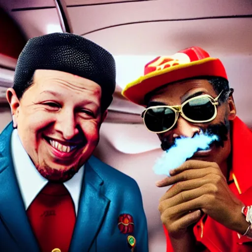 Prompt: hugo chavez smoking with snoop dog in a party inside a private jet, realistic render, award winning photography, luxury